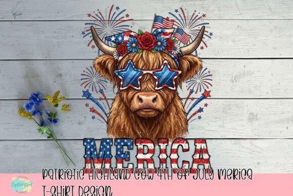 Patriotic Highland Cow Design: A Whimsical 4th of July Asset